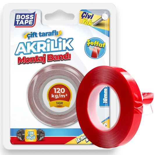 BOSS TAPE Double Face acrylique transparent 120kg 18mmx2m - SQES