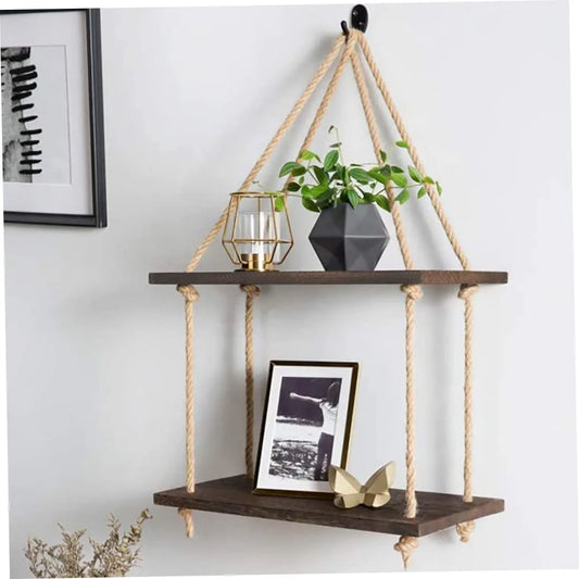 Double Etagère murale suspendue en bois avec corde de jute - SQES