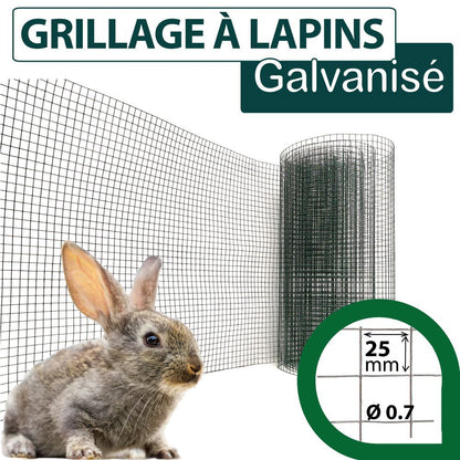 Grillage de cage à Lapin Galvanisé Rouleau de 10 mètres – Maille 25x25 pour Jardin - SQES