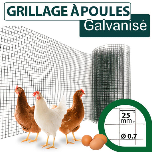 Grillage de cage à Poules Galvanisé Rouleau de 10 mètres – Maille 25x25 pour Jardin - SQES