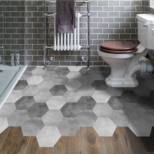 Panneaux autocollants de sol en PVC (12 pcs) imperméables et antidérapants hexagonaux 23cmx20cm, Noir, gris et blanc Marbre - SQES