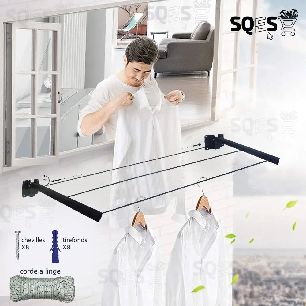 Sèche Linge Mural et Pliable - Etendoir a corde rabattable avec Corde à Linge Gratuit - SQES