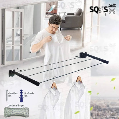 Sèche Linge Mural et Pliable - Etendoir a corde rabattable avec Corde à Linge Gratuit - SQES