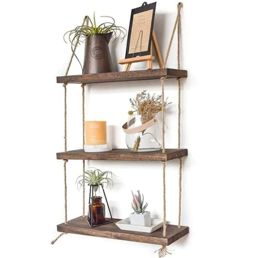 Triple Etagère murale suspendue en bois avec corde de jute - SQES